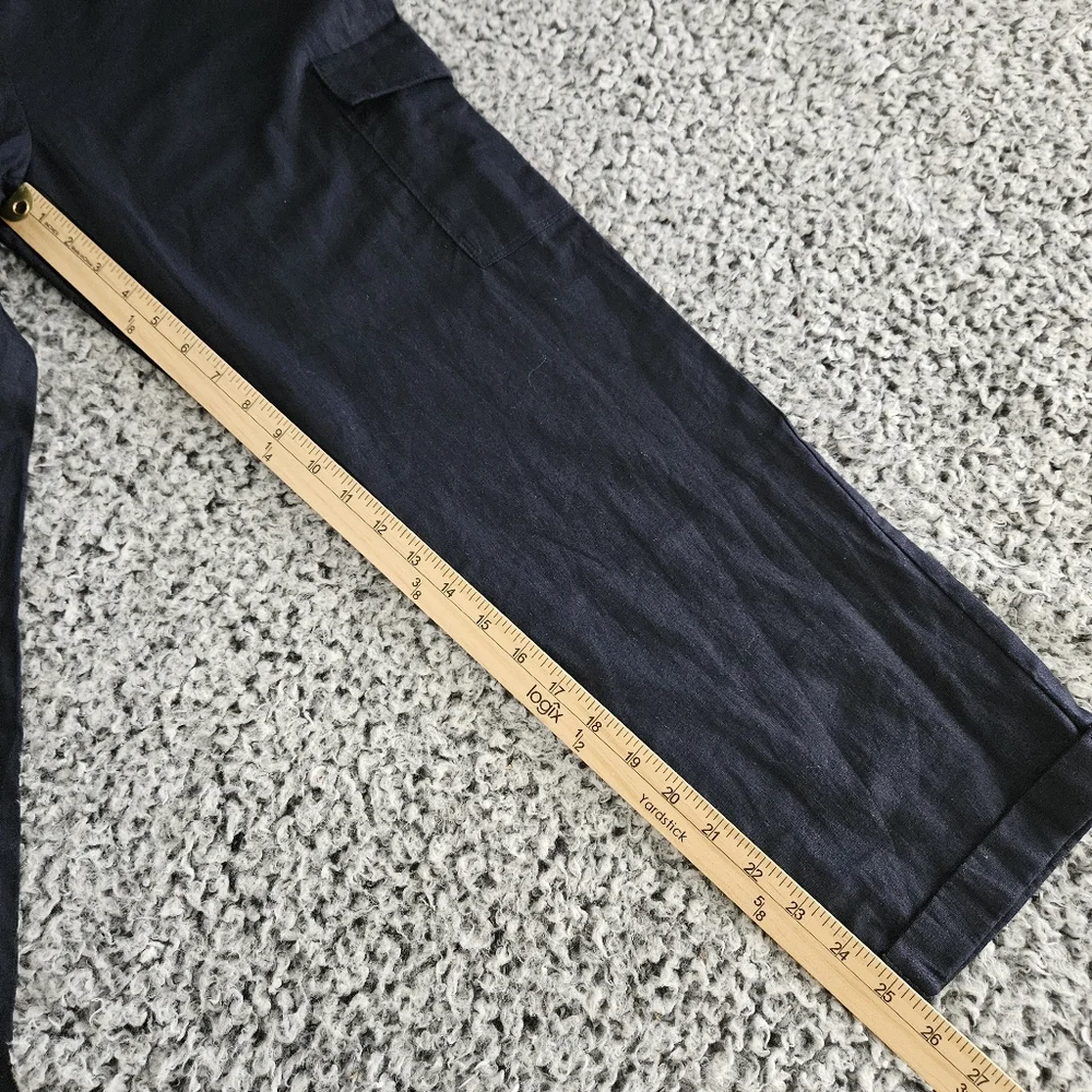 Zara Navy Blue Linen Roll-Up Cargo Pants XS Cropped High Rise Tie Belt Women's